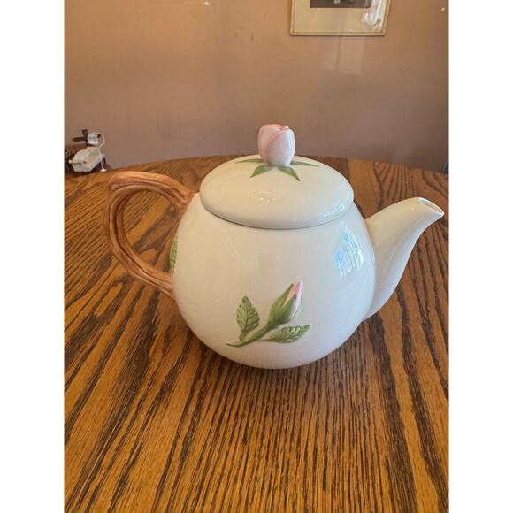 Vintage 80s Teleflora Pink Rose 3D Ceramic Branch Handle Teapot - Picture 4 of 5